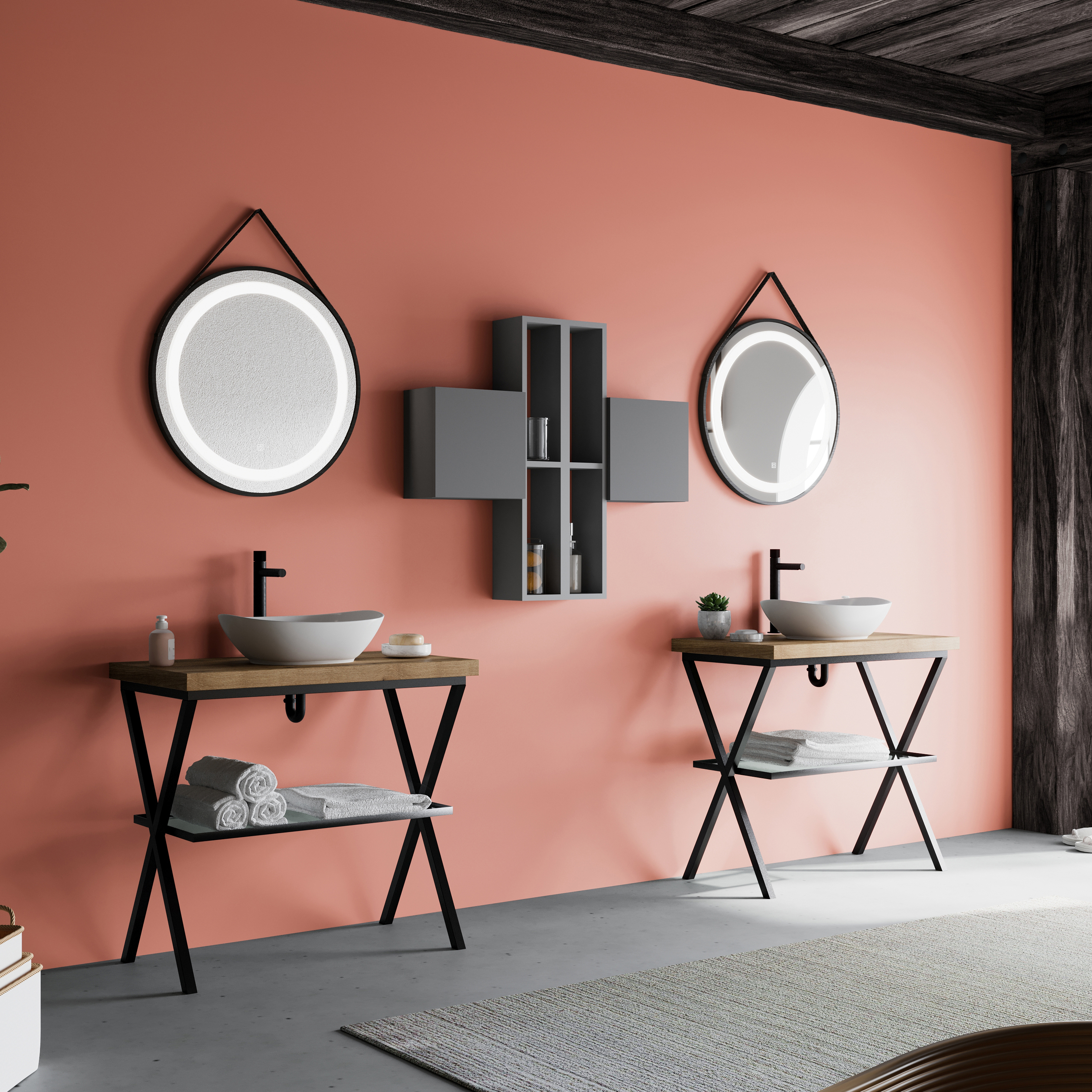 ARMOIRE DE TOILETTE INDUSTRIELLE 2 SUPPORTS MÉTALLIQUES, LAVABO À POSER