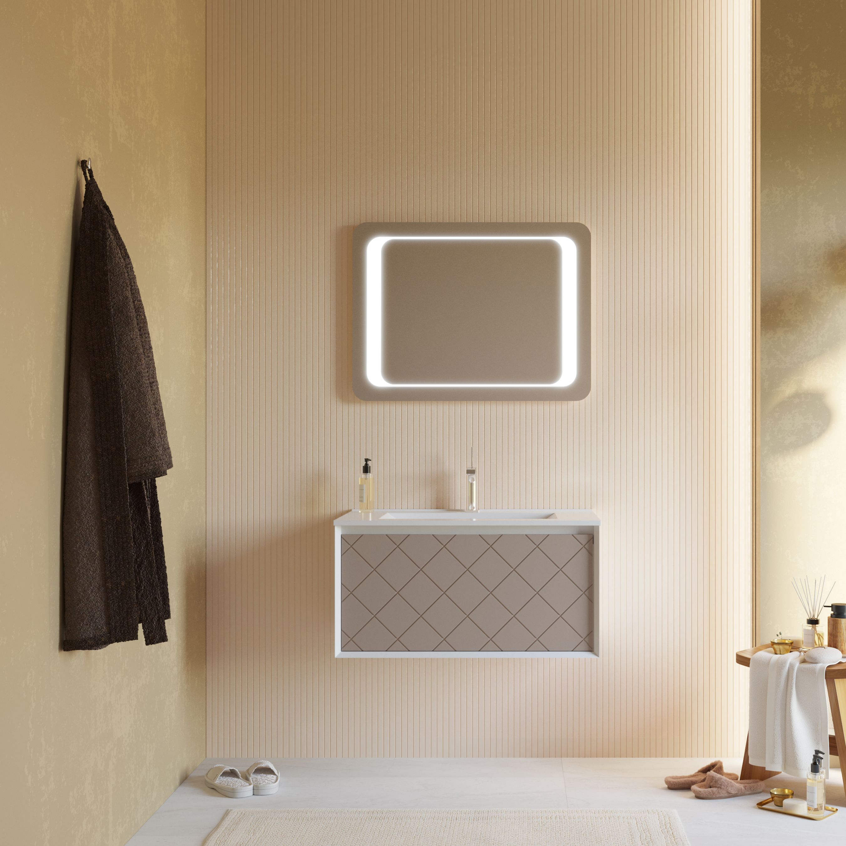 ARMOIRE DE TOILETTE 80CM CAPPUCCINO TIROIR, LAVABO, MIROIR 80X60