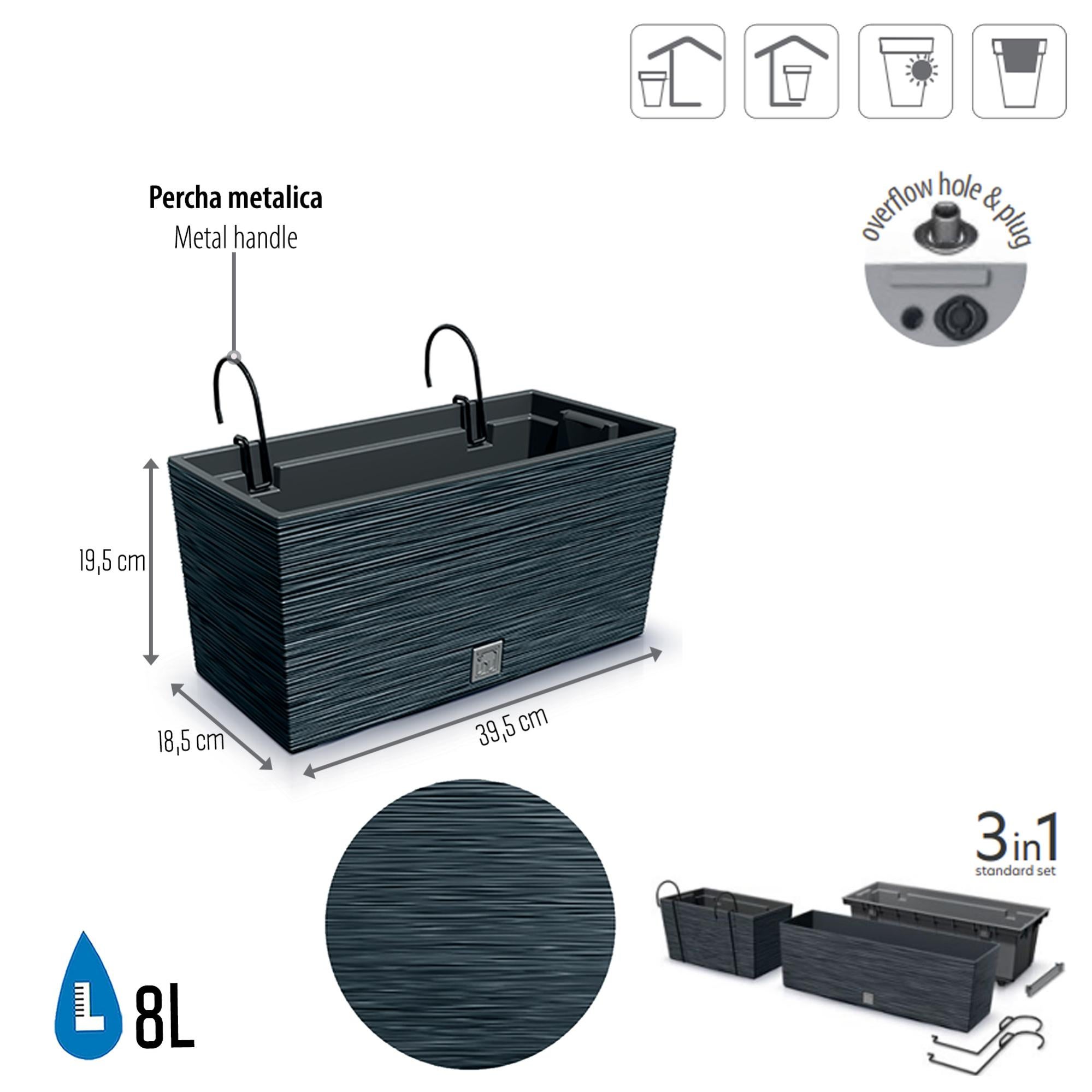 FURU Vaso Con Riserva D'Acqua 8L E Ganci - Antracite, Per Balcone E Giardino