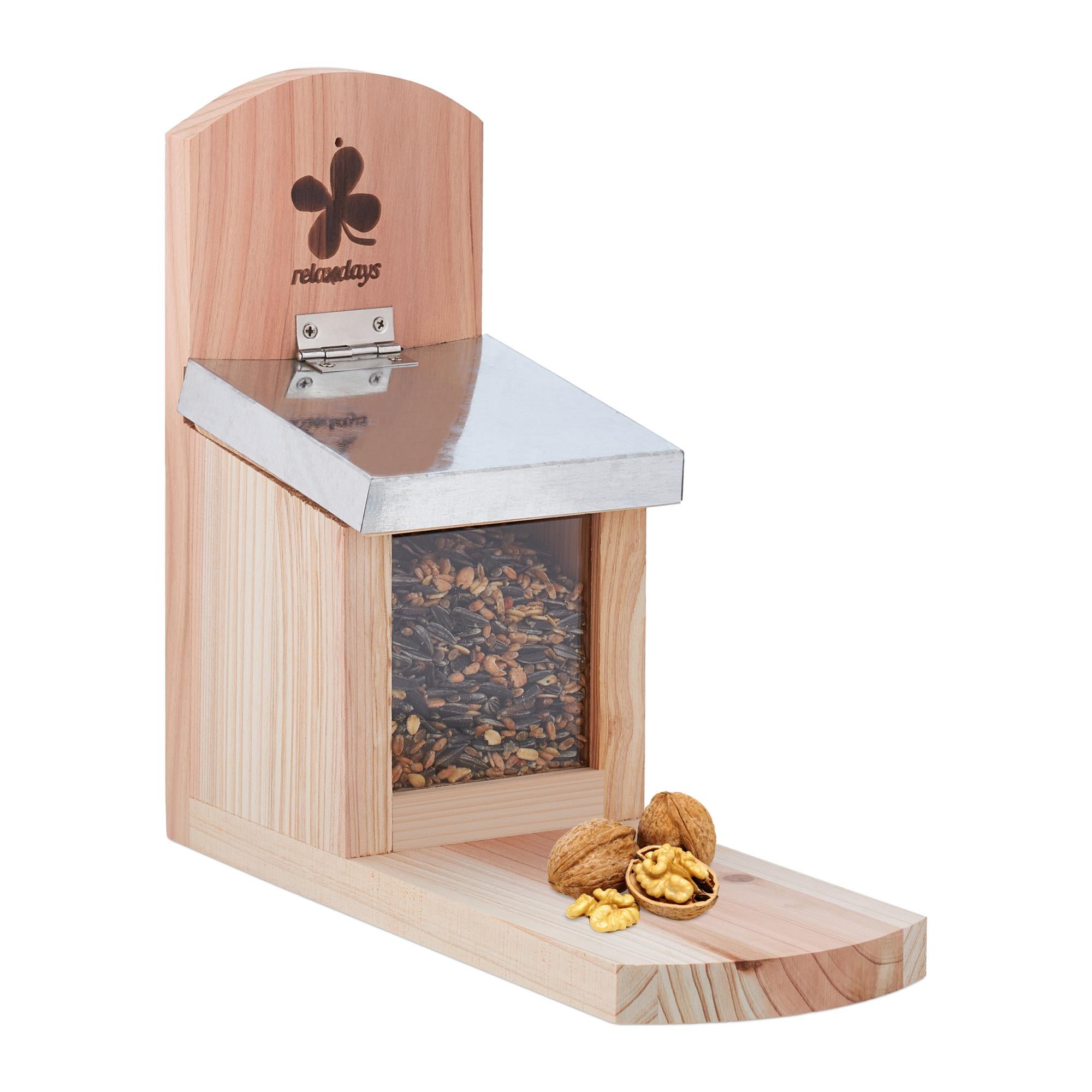 Relaxdays Mangiatoia Per Scoiattoli In Legno – Con Ciotola Acqua E Porta Pannocchia – 27x28x23 Cm – Naturale E Verde - 3
