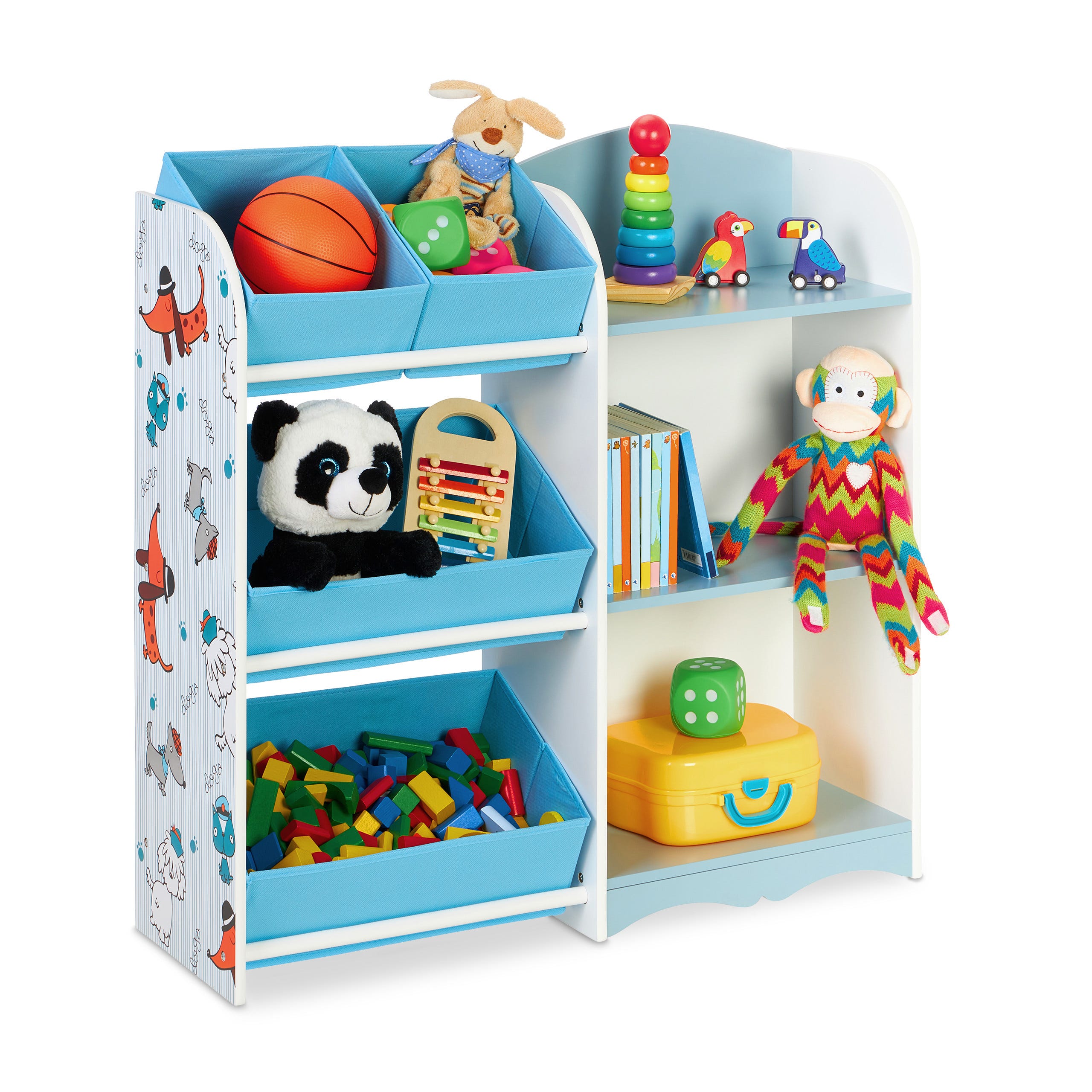 Relaxdays Étagère pour enfants, 4 boîtes, 3 compartiments ouverts, HLP :  85x85x26 cm, commode jouets, multicolore