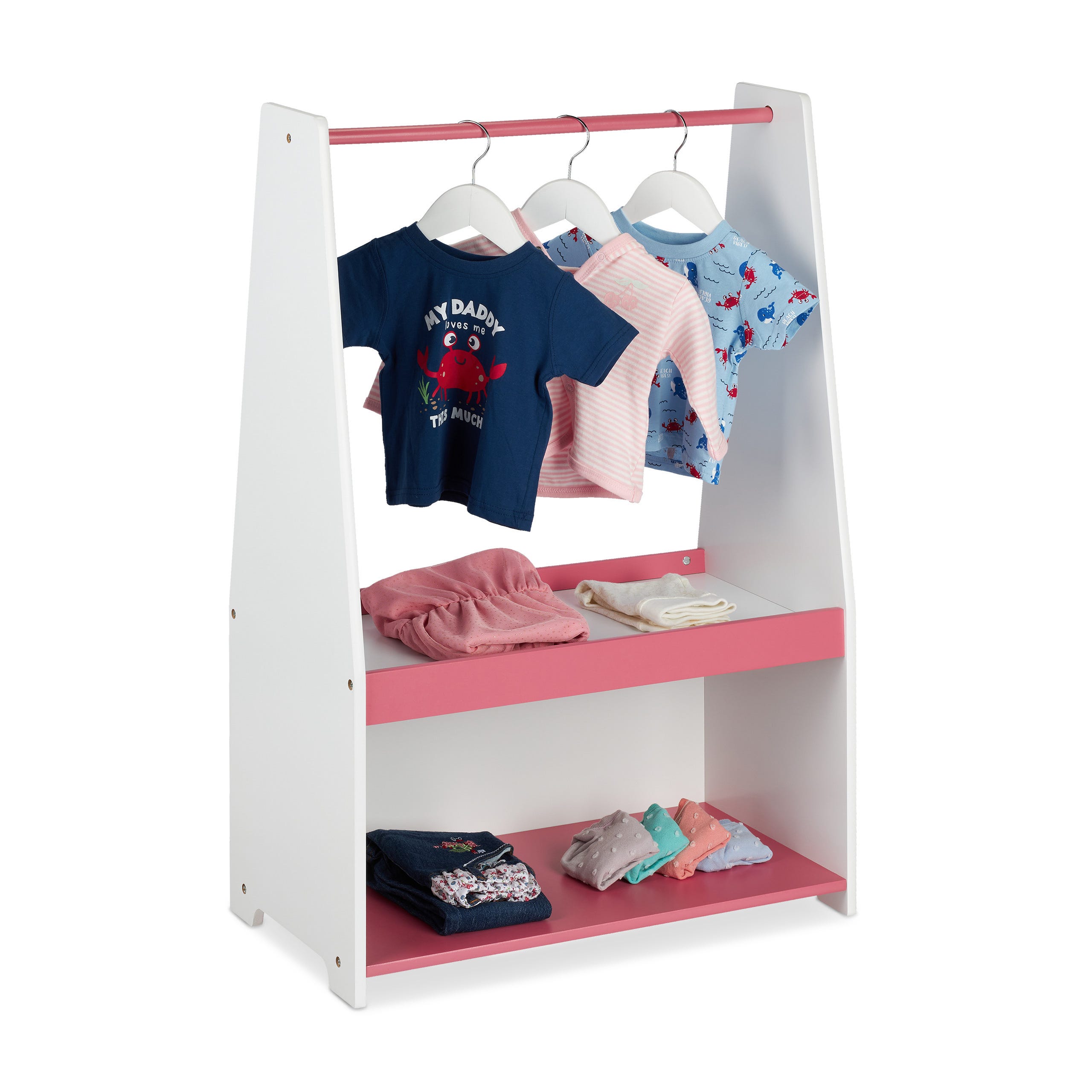Relaxdays Portant vêtement enfant, portique tringle & deux étagères, HxLxP:  90x60x30cm, garde-robe, blanc - rose