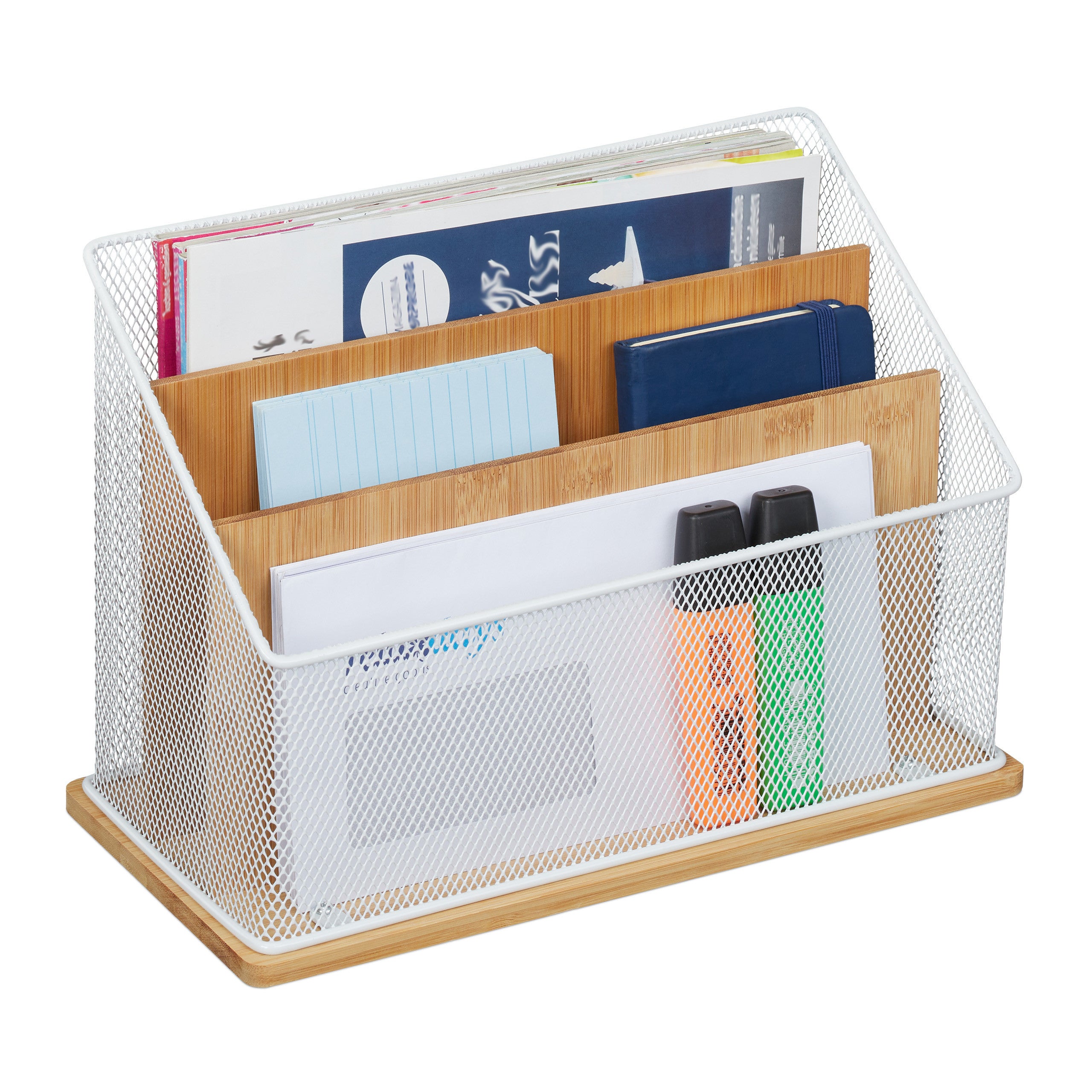 Relaxdays Organizer da Scrivania, Bambù e Metallo, 3 Scomparti  Portadocumenti, Lettere, HLP 20x29x14 cm, Naturale Bianco