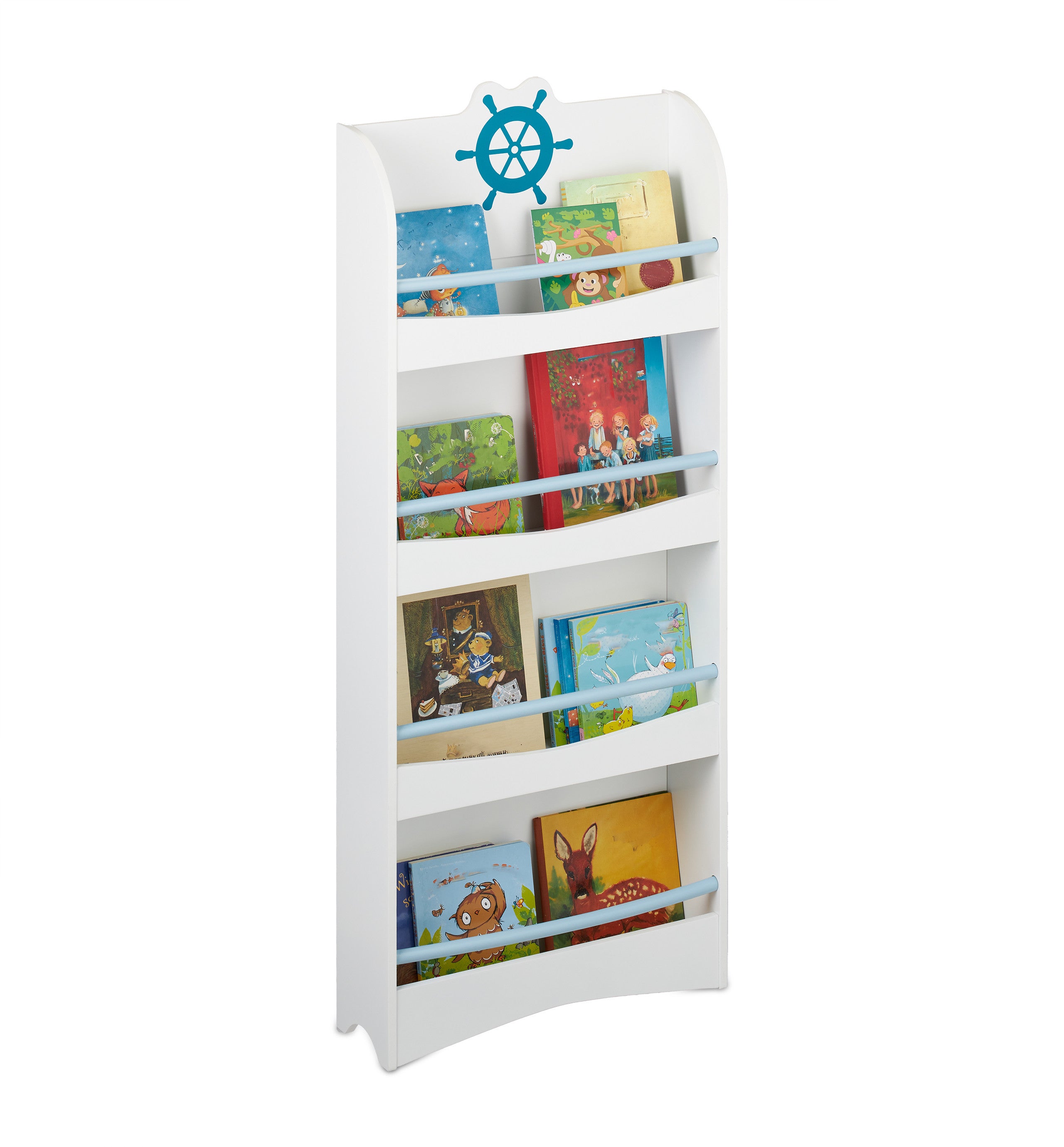 Relaxdays Libreria Portagiochi Bambini, 63x103x30 cm, Panca con Cuscini,  Scaffale 6 Contenitori da Cameretta, bianca