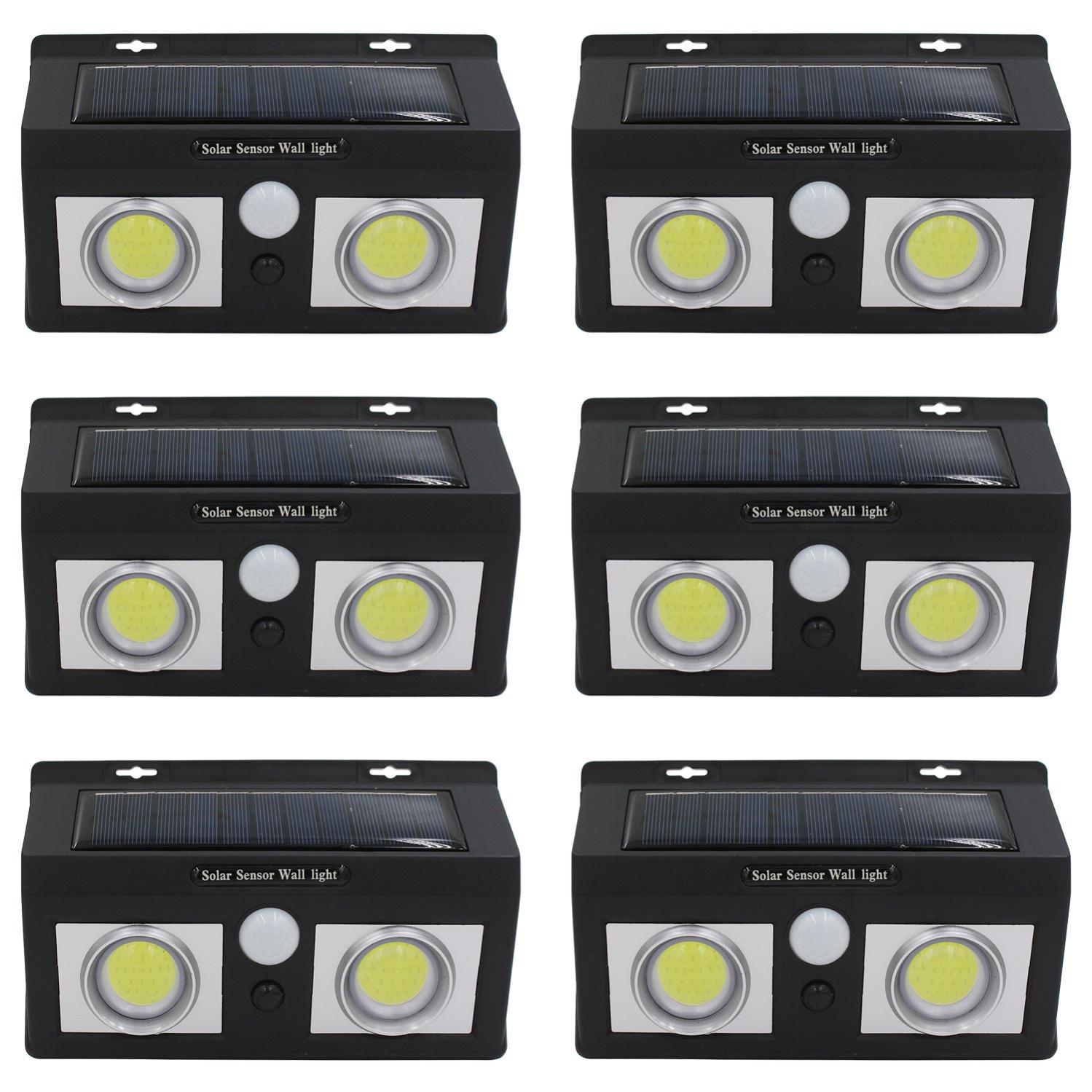 Pack 6 Apliques de Pared Solares LED 2 Luces con Sensor Crepuscular y Movimiento Negro 7500K