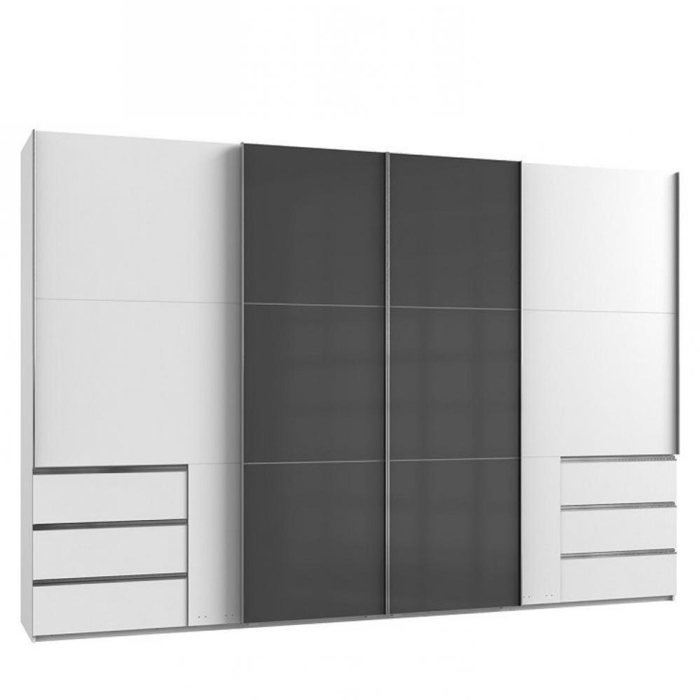 Armoire coulissante LISEA 4 portes 6 tiroirs blanc verre anthracite 350