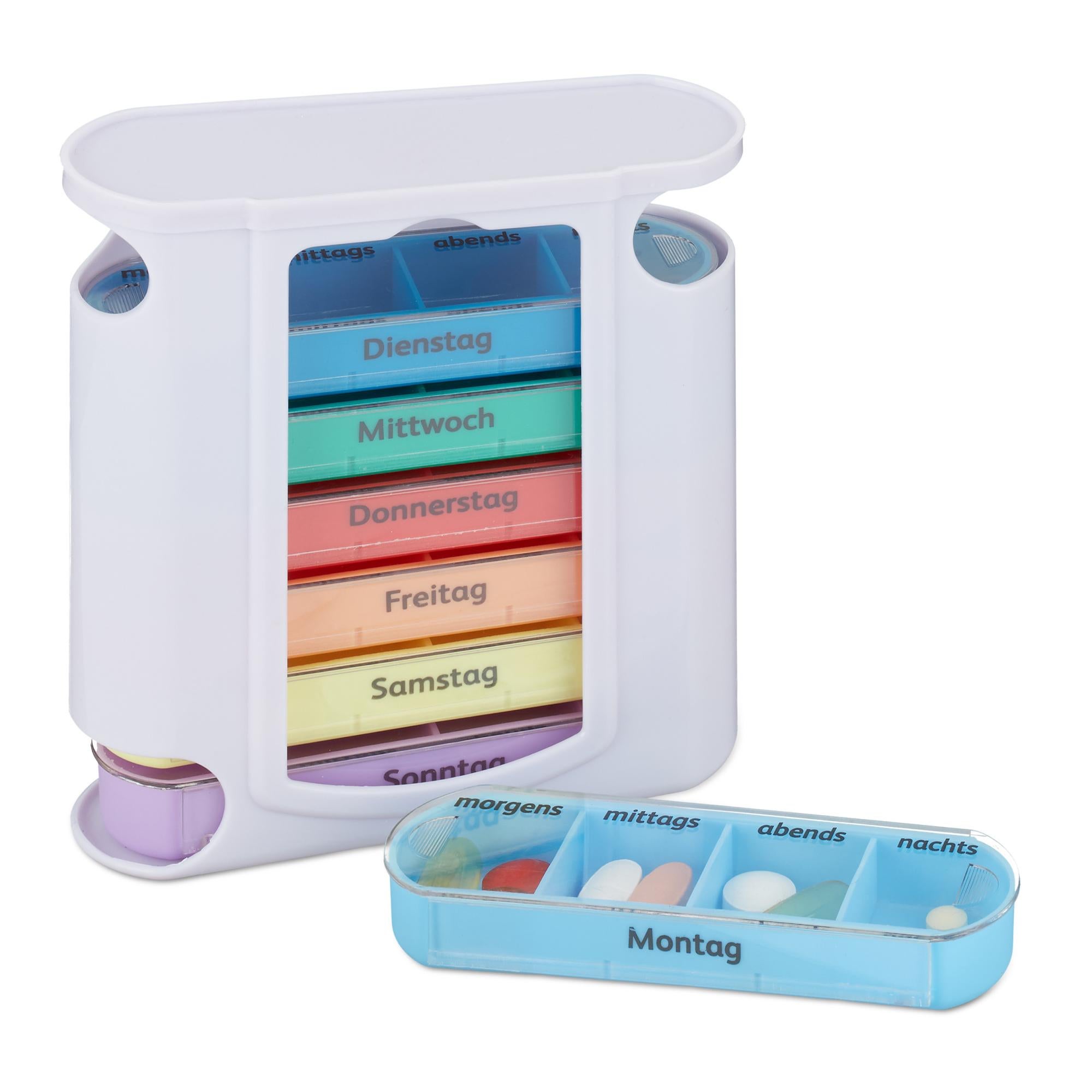 Relaxdays Box Portapillole 7 Giorni – 3 Scomparti Giornalieri (Mattina, Pranzo, Sera) – Organizzatore Settimanale Con Scritte In Tedesco, 14,5x8,5x4,5 Cm