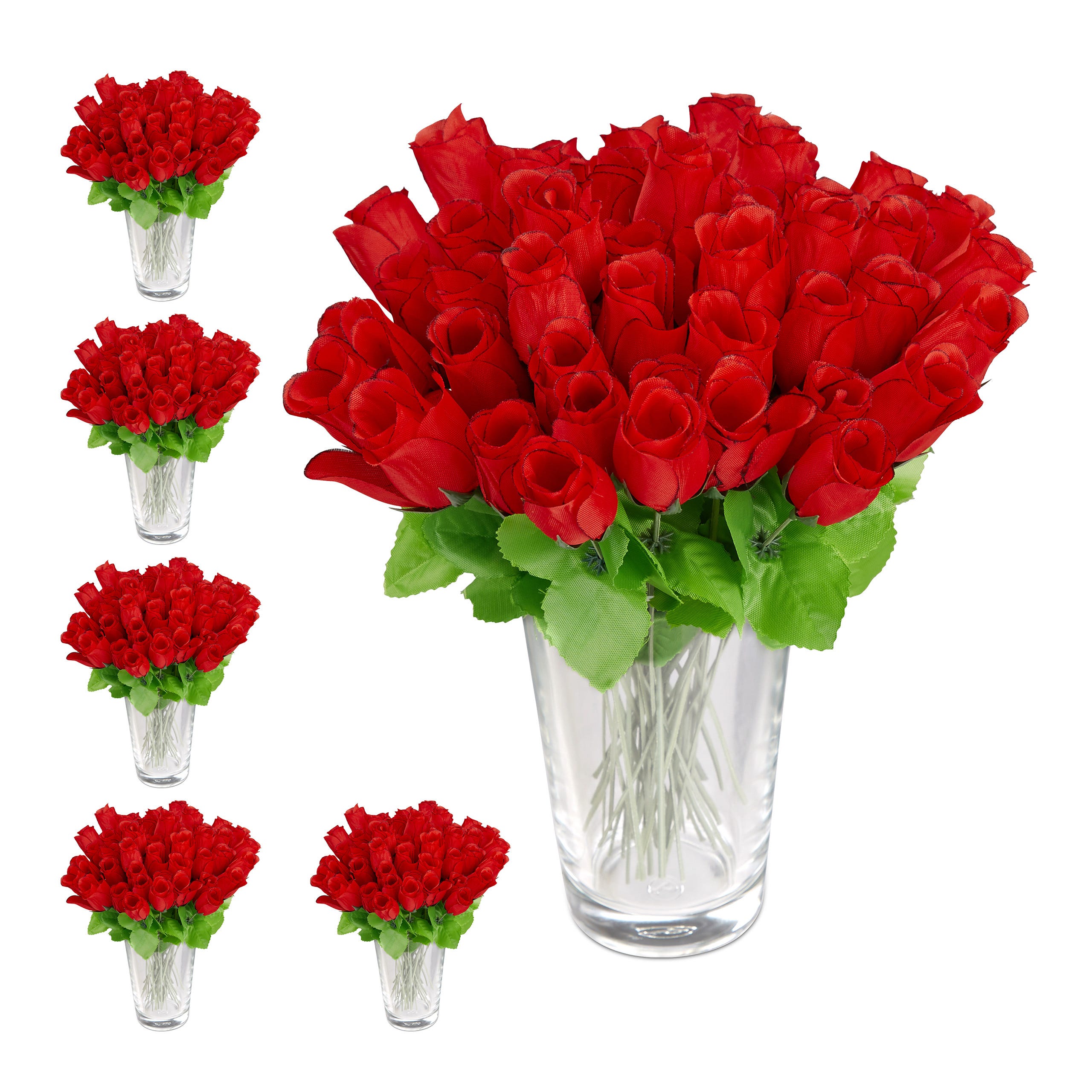 Bouquet di 288 Rose, Fiori Finti, Decorazione, Mazzo con Gambo e Foglie,  Boccioli Rossi, H: 26 cm, rosso