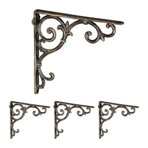 4x Staffe per Mensole, Supporti dal Design Barocco, Reggimensola Angolari  per Scaffali, Vintage, Bronzo