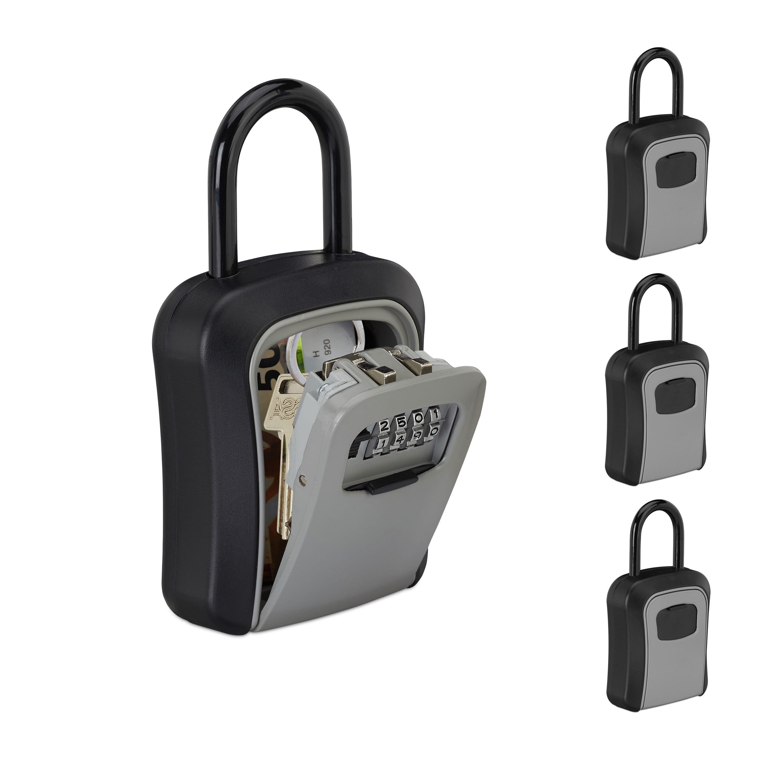 Boîte à clés sécurisée, lot de 4, code à 4 chiffres, crochet anse,  rangement à clé, 17,5 x 9,5 x 4 cm, noir/argent