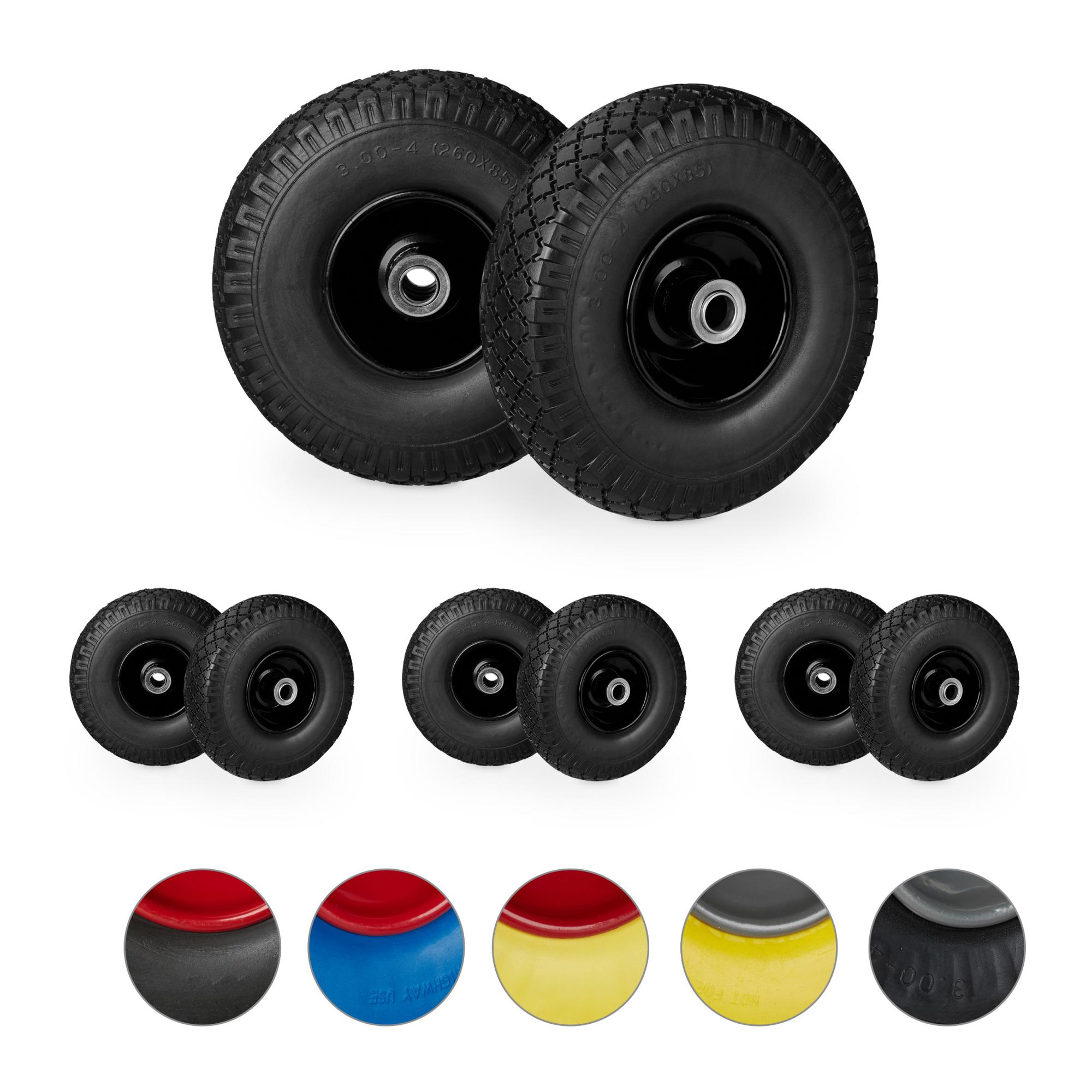 Relaxdays steekwagenwiel, 4.10/3.50-4, set van 4, massief rubber, stalen velg, tot 150 kg, 260x85 mm, zwart-rood