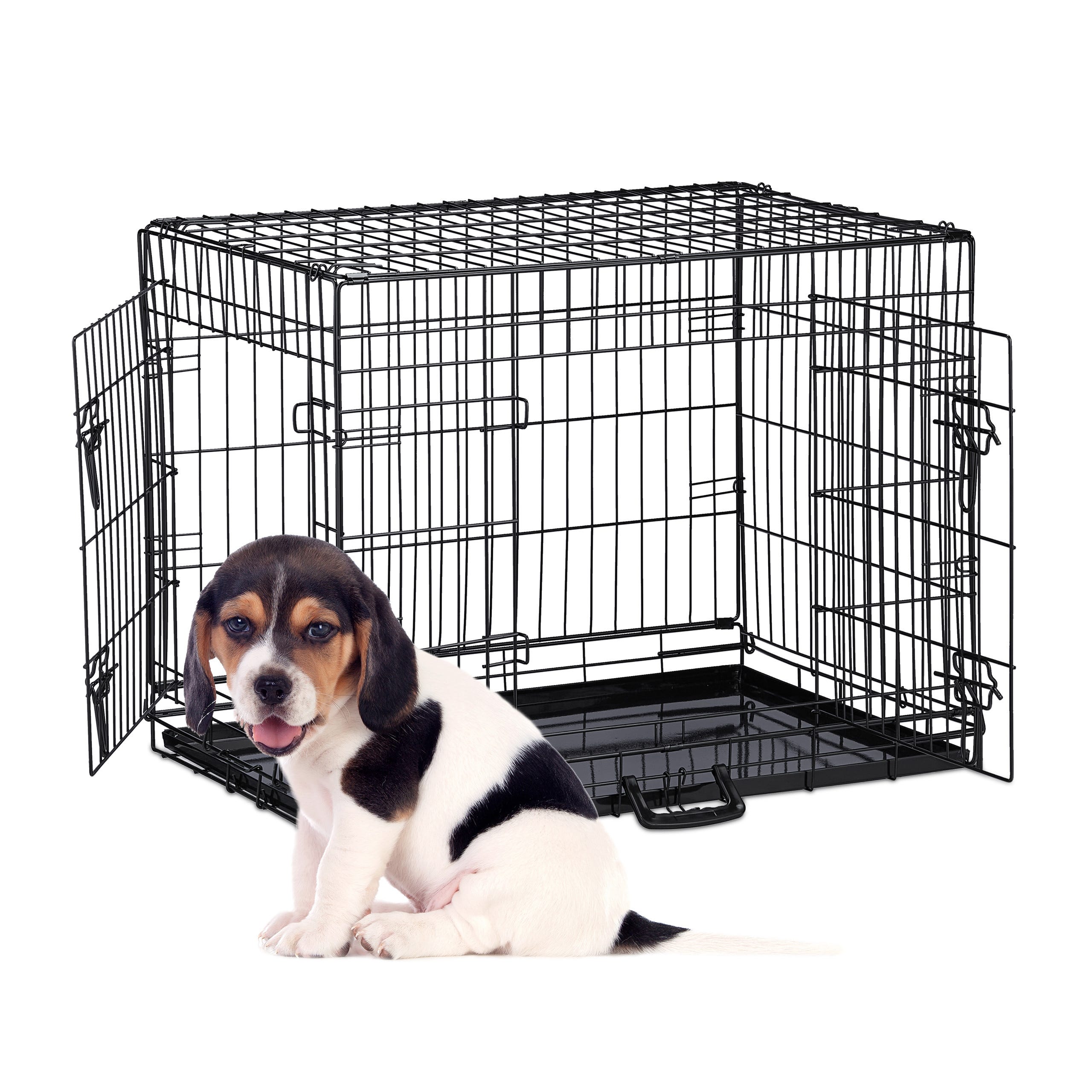 Relaxdays Cage pour chien pliable, maison, voiture, transport, avec fond, 2  portes, HxLxP : 59x77x54 cm, acier, noir
