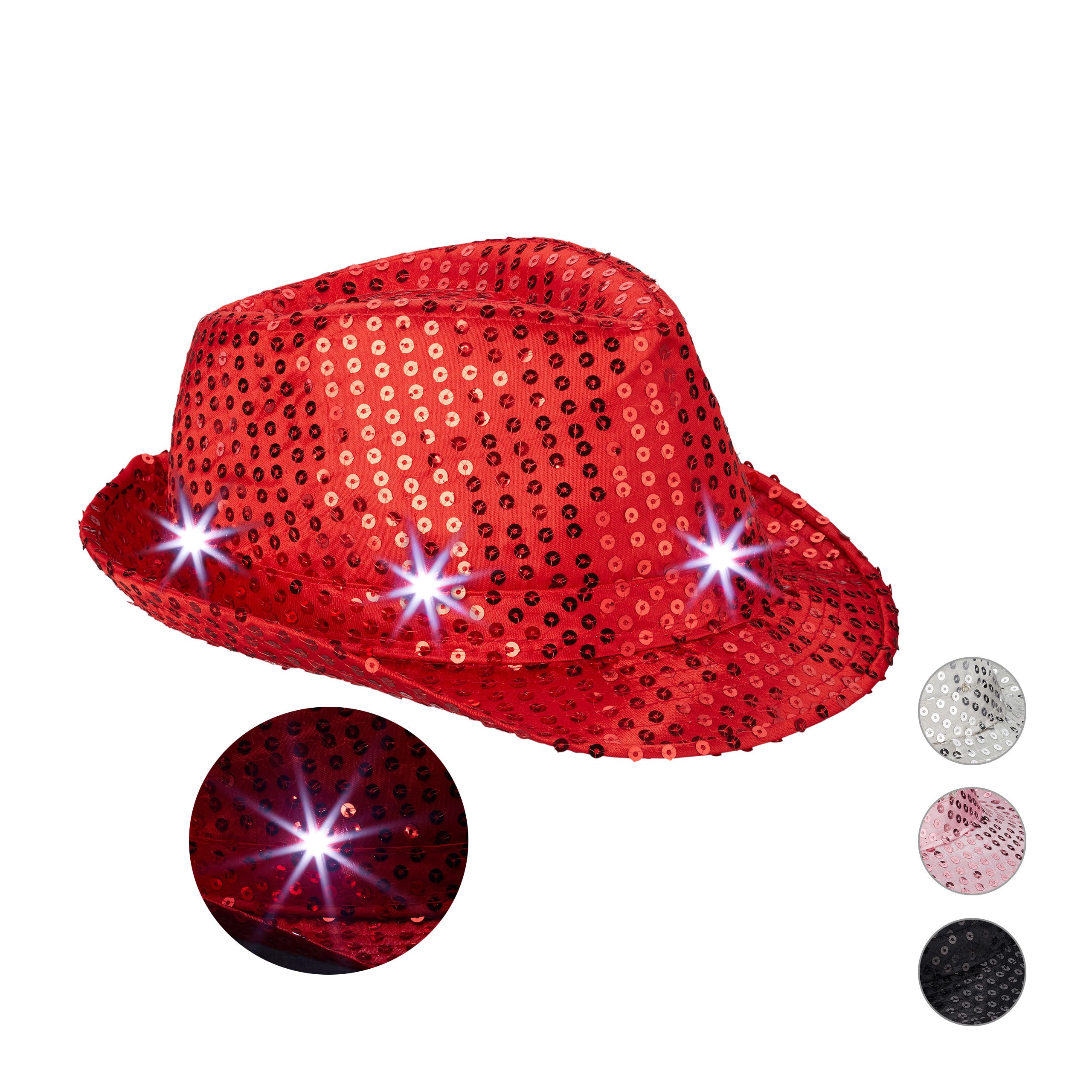 1x Chapeau Paillettes, 6 LED, clignotantes, sequin, homme & femme, fête,  EVG/EVFJ, taille unique, rouge