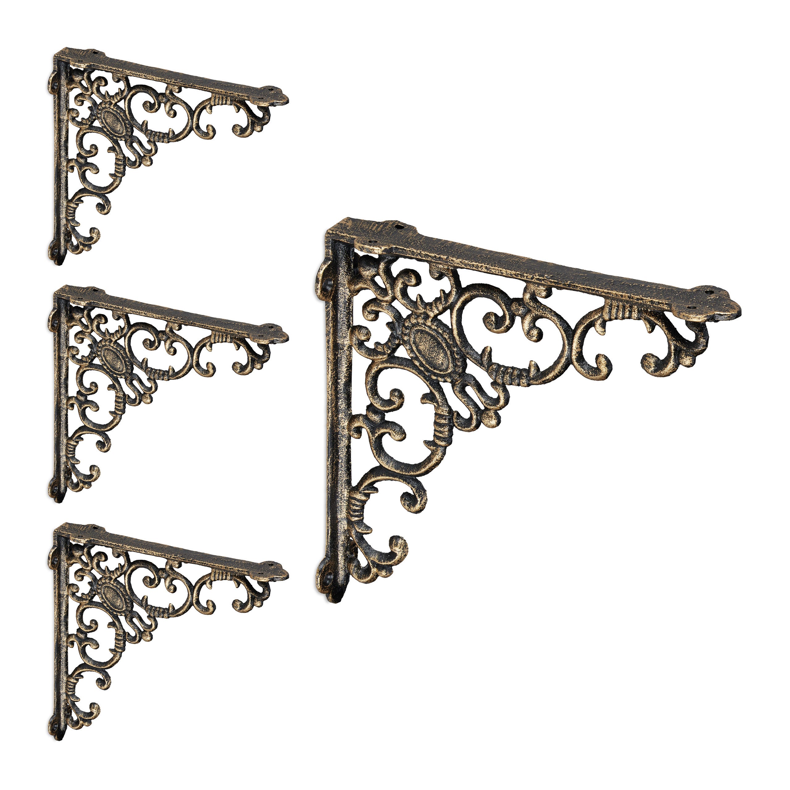 4x Staffe per Mensole, Supporti dal Design Barocco, Reggimensola Angolari  per Scaffali, Vintage, Bronzo