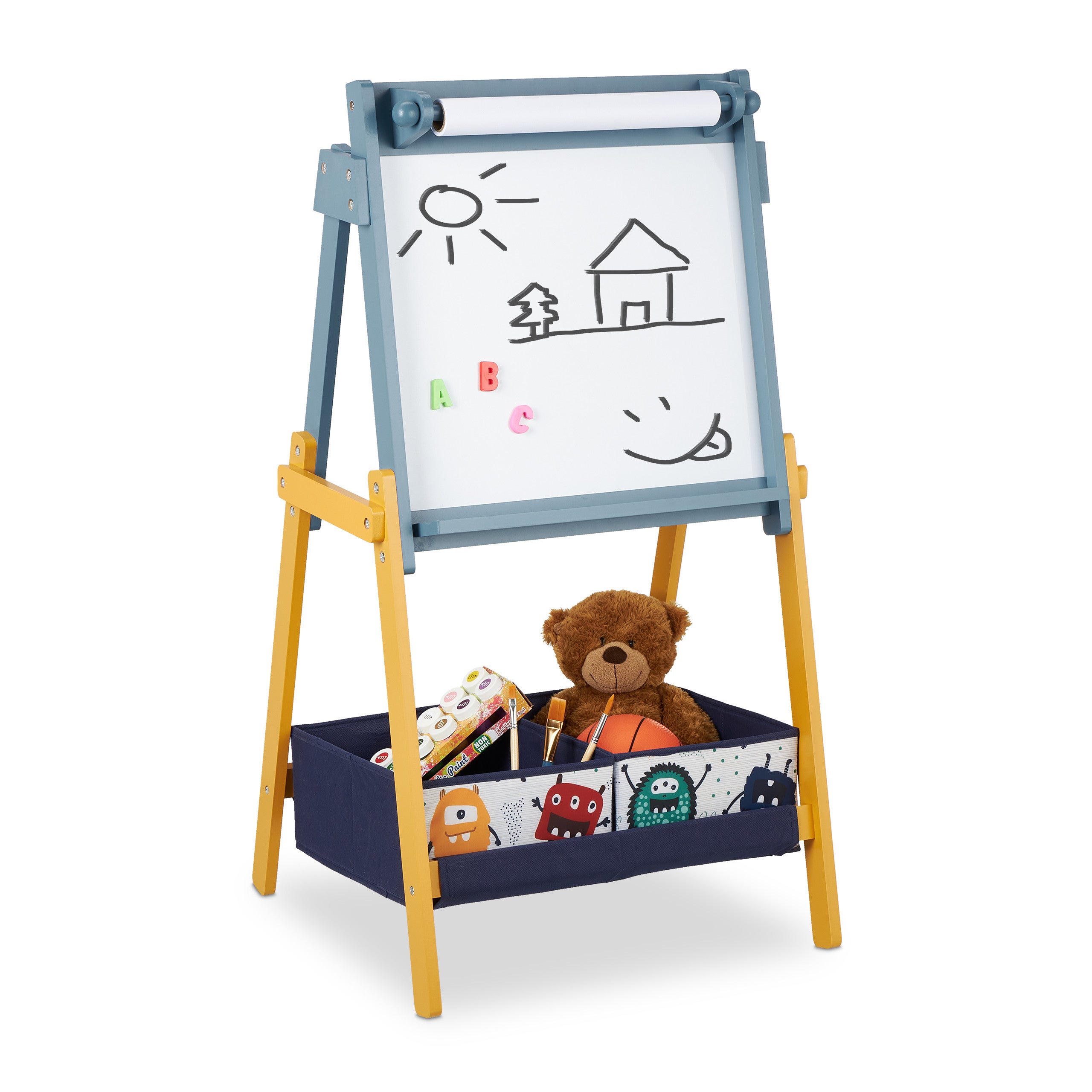 Relaxdays Lavagnetta per Bambini, con Rotolo di Carta e 2 Cestini  Portatutto, Autoportante, HLP 101x56x50 cm, Colorato