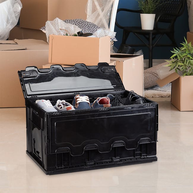 Relaxdays Boîte pliable avec couvercle, caisse, rangement, plastique,  coffre 60 litres, HxLxP :31,5x59,5x39,5 cm, noir