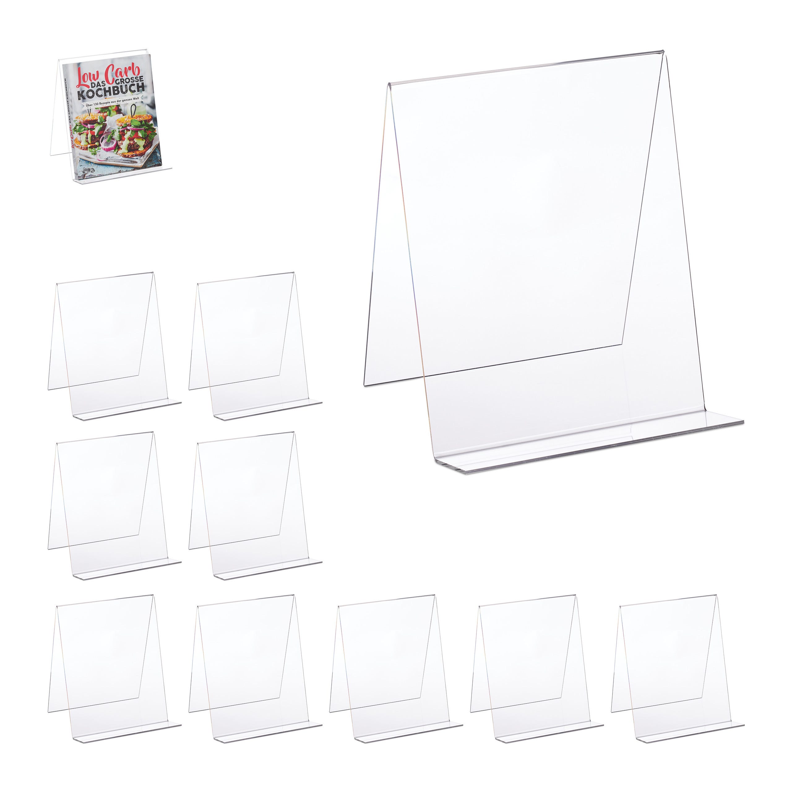 Support pour livre, lot de 10, présentoir acrylique A4, solide, léger, Porte -livre HxLxP: 24 x 20 x 20 cm, transparent