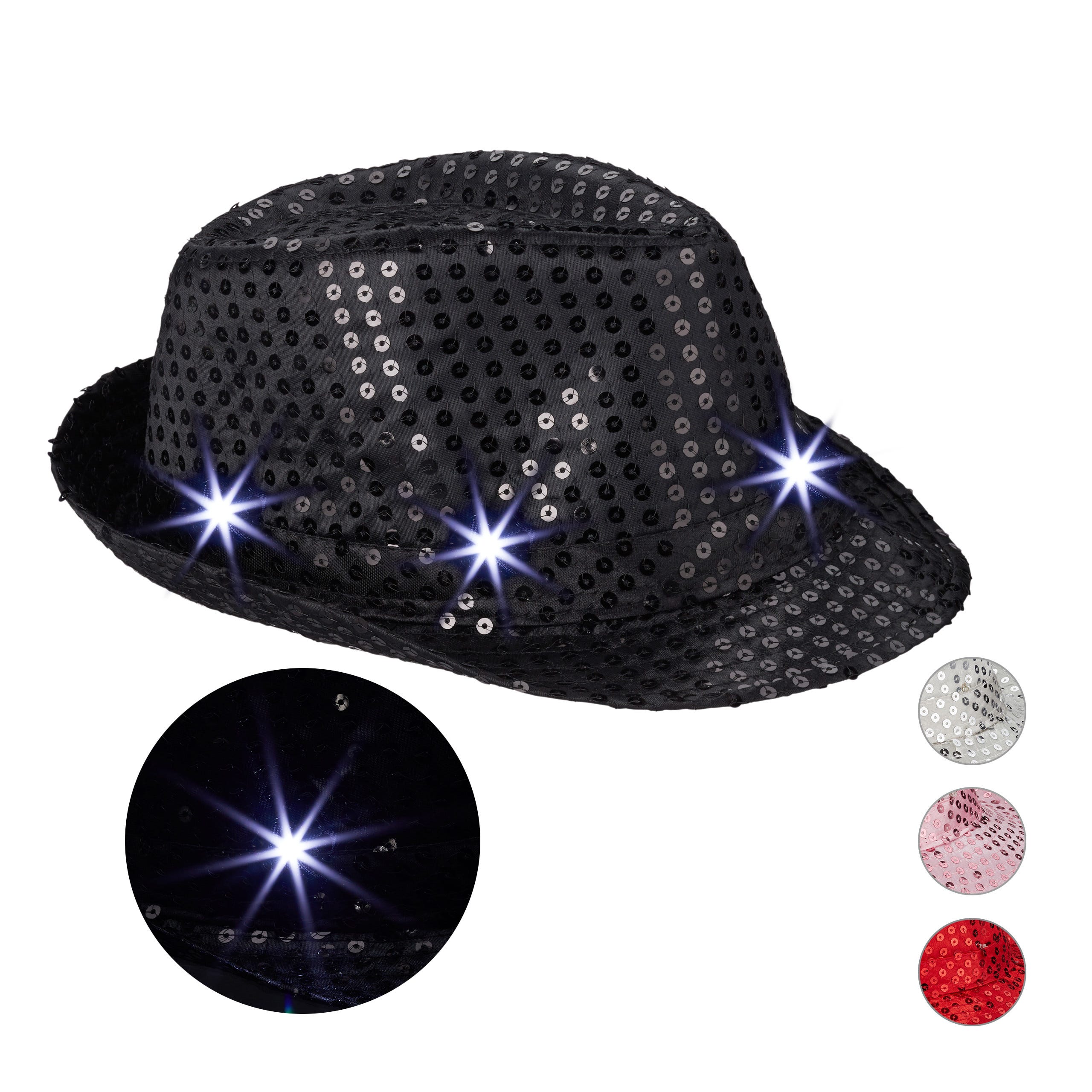 1x Chapeau Paillettes, 6 LED, clignotantes, sequin, homme & femme, fête,  EVG/EVFJ, taille unique, noir