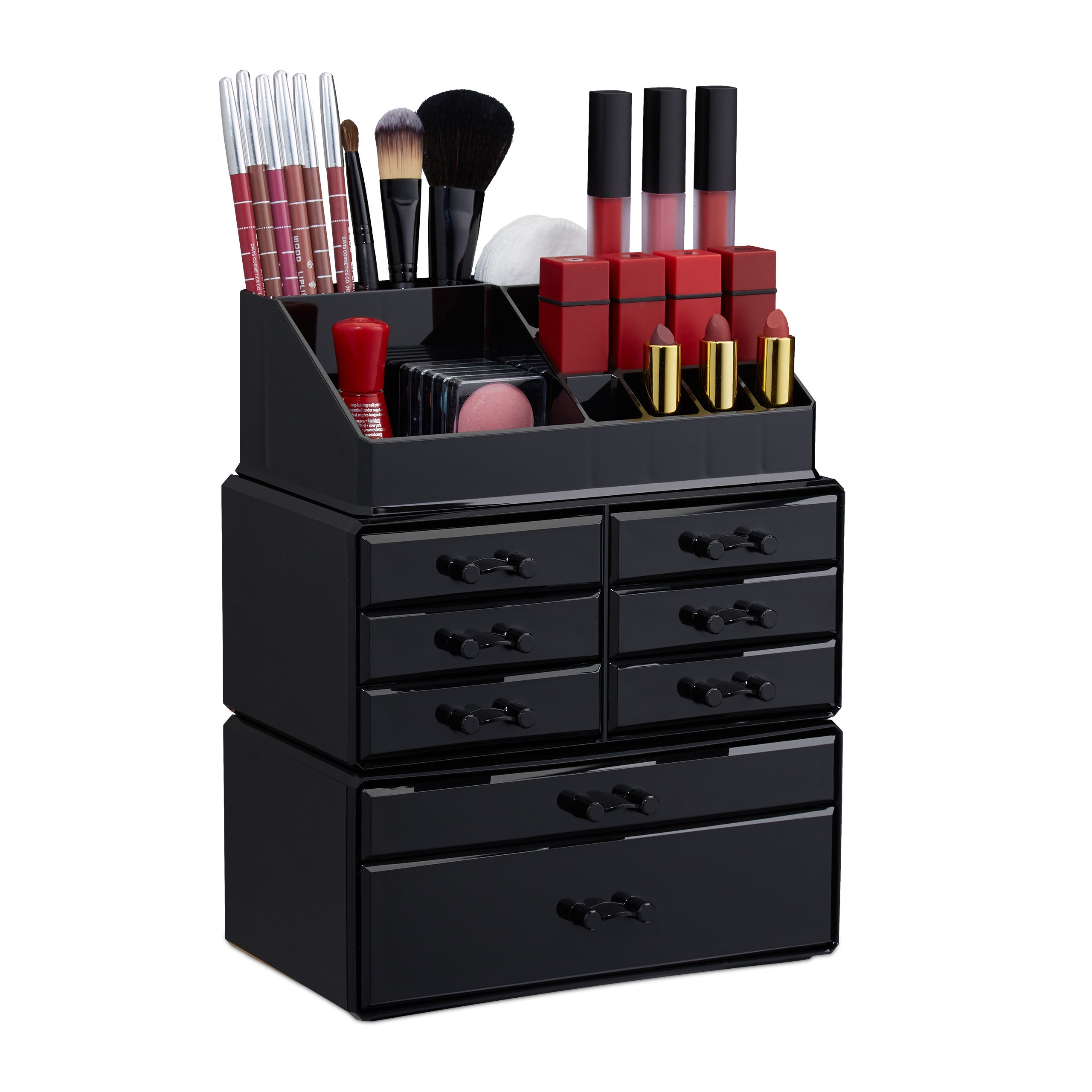 1x Organizer Make-up con Cassetti, Contenitore Impilabile con Porta-Rossetti,  in Acrilico, Nero