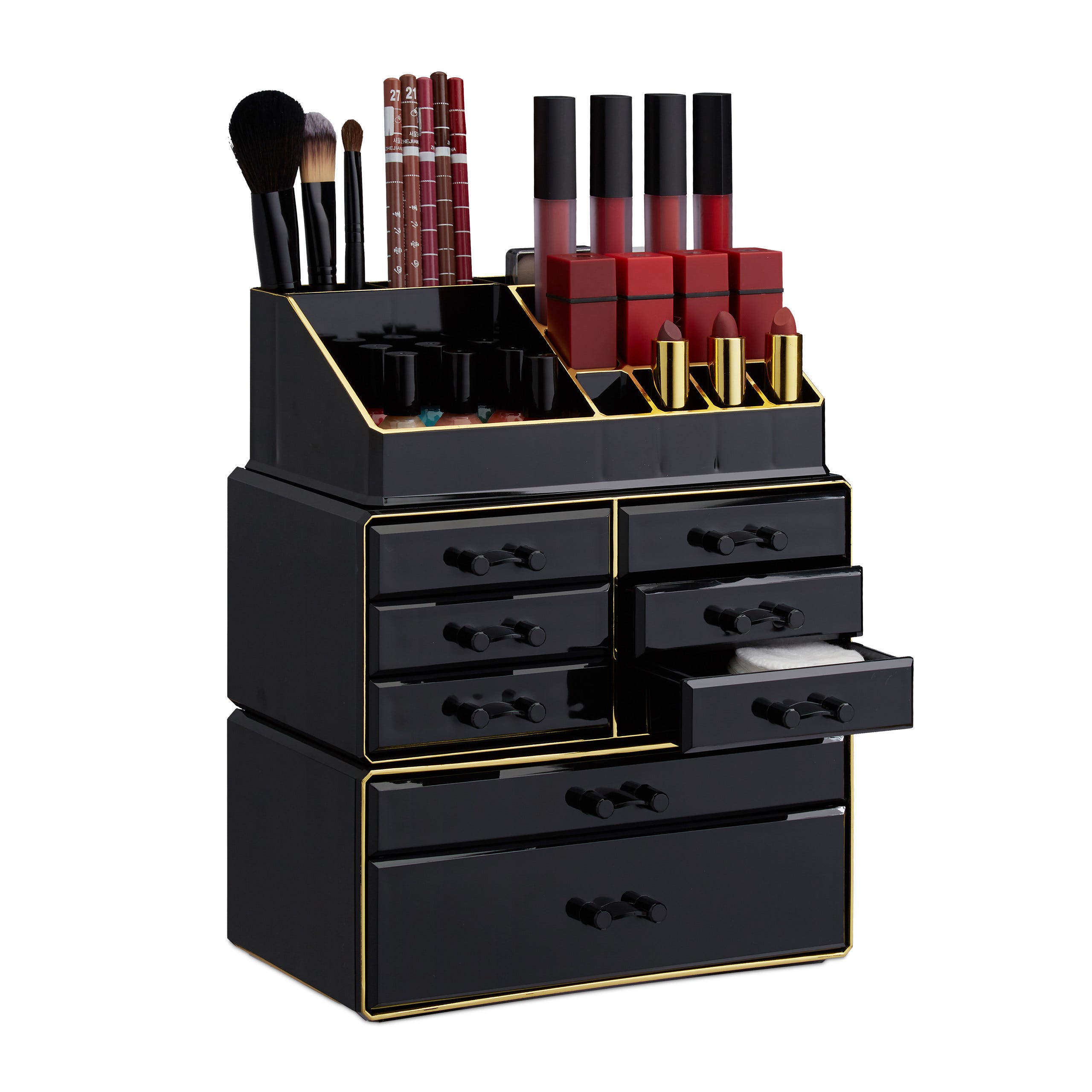1x Boîte rangement maquillage, Make up organisateur, produits cosmétiques,  8 tiroirs compartiments, acrylique, noir/doré