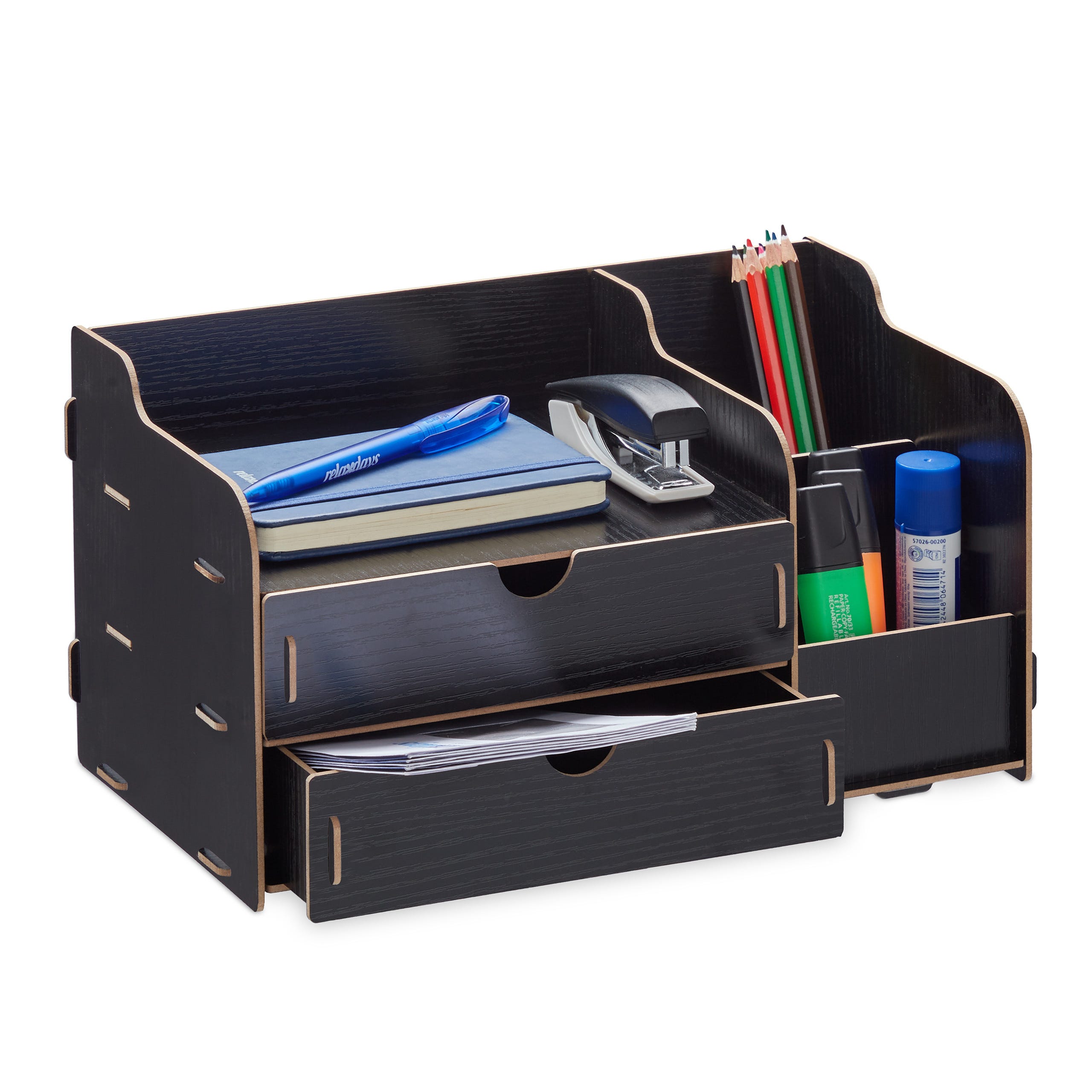 Relaxdays Organiseur de bureau, Porte-stylos tiroirs & compartiments,  HxLxP: 17 x 33 x 19 cm, Rangement noir