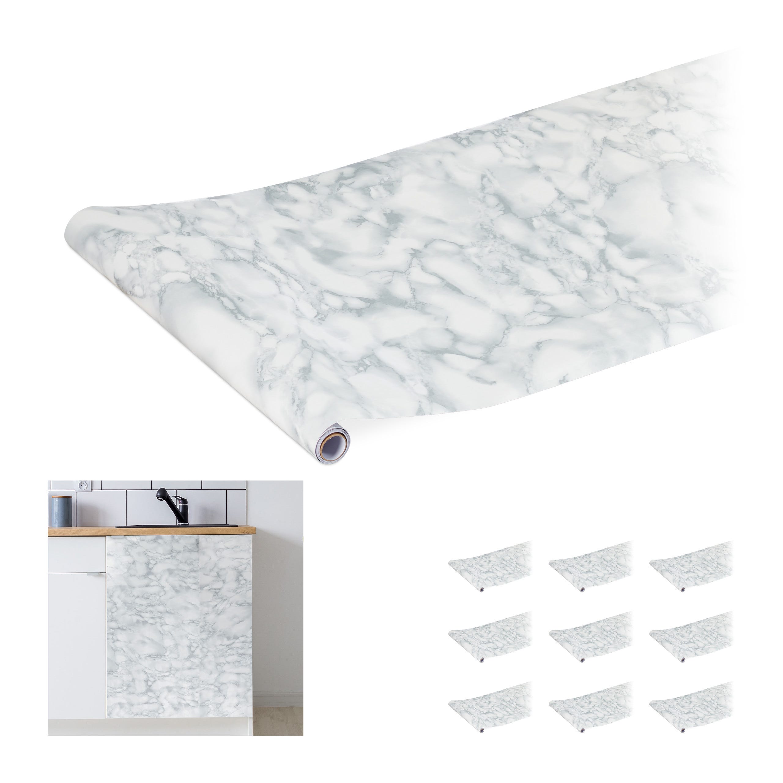Rouleau adhésif mural, lot de 10, DIY, meubles & cuisine, autocollant, PVC,  à coller, 45 x 200 cm, design marbre, blanc