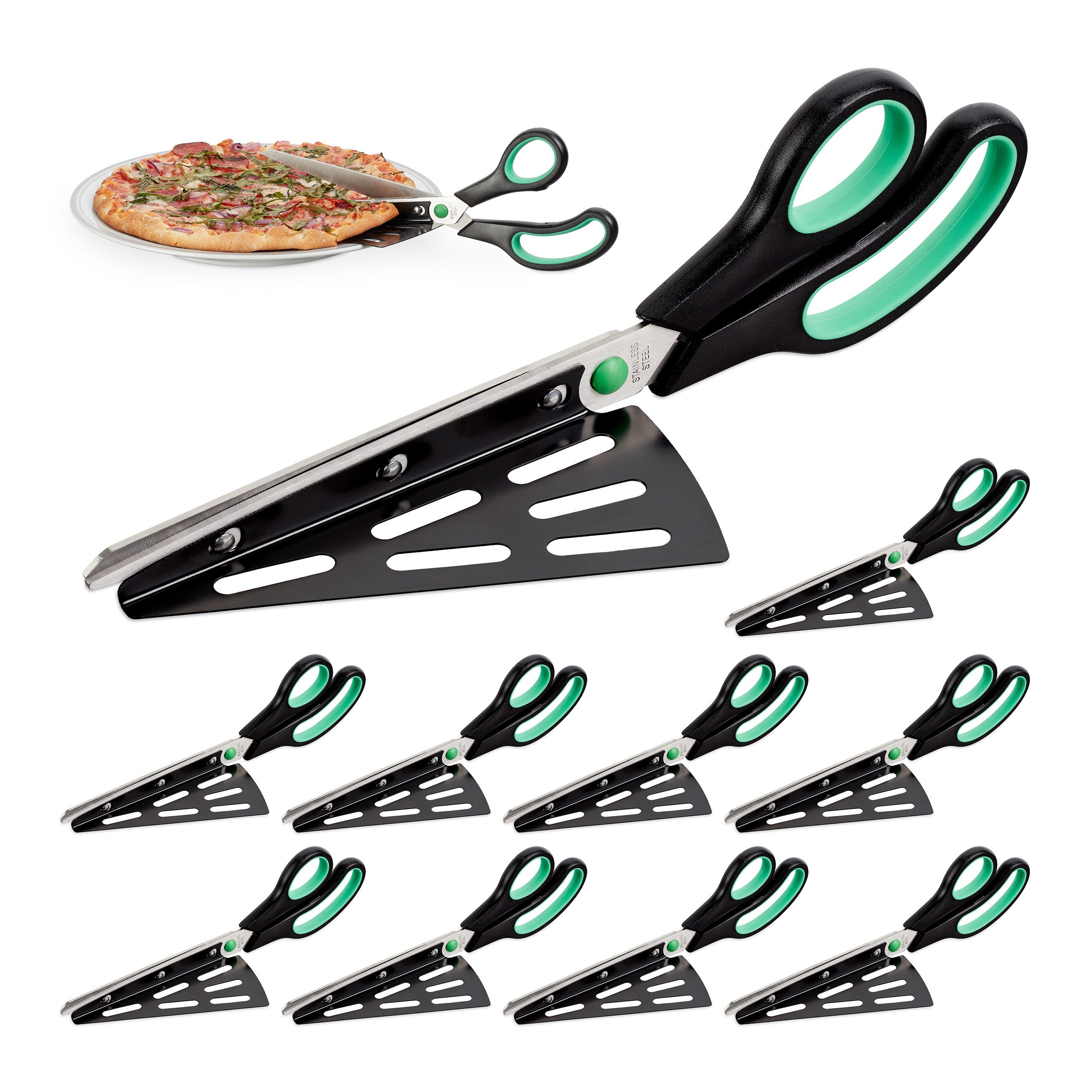 10x Forbici per pizza con paletta solleva pizza tagliapizza in acciaio inox  adatto a lavastoviglie nero verde