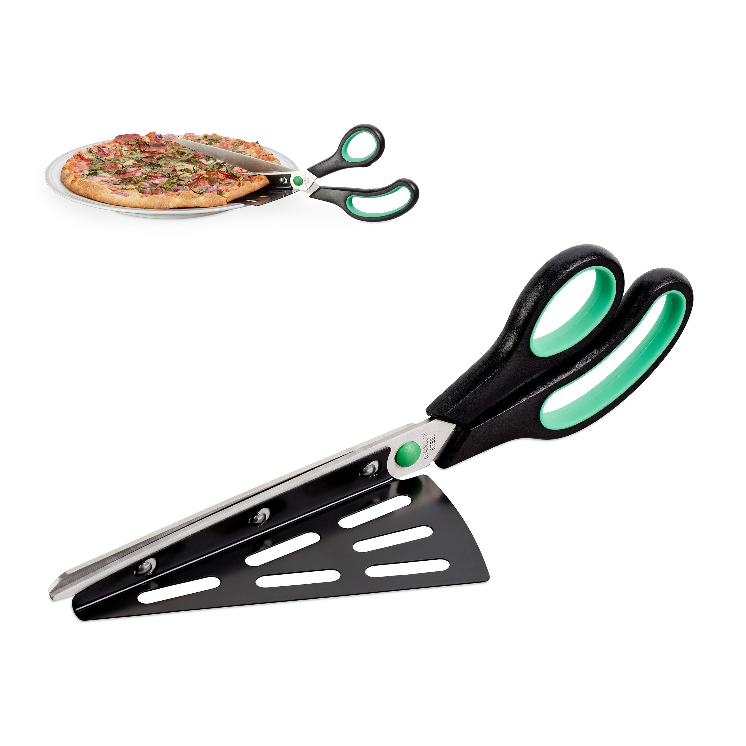 Relaxdays Forbici per pizza con paletta solleva pizza tagliapizza in  acciaio inox adatto a lavastoviglie nero verde
