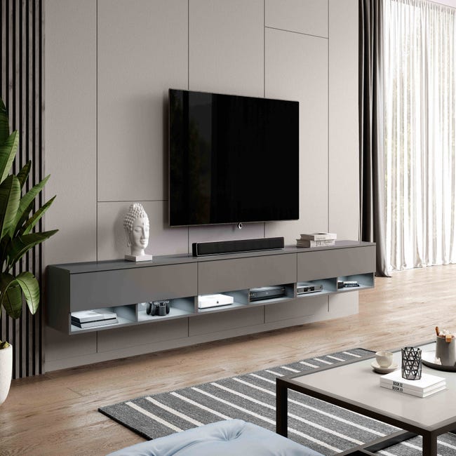FURNIX Meuble tv / meuble tv suspendu Alyx 300 (3x100) x 32 x 34 cm style  contemporain chêne wotan mat / blanc brillant sans LED