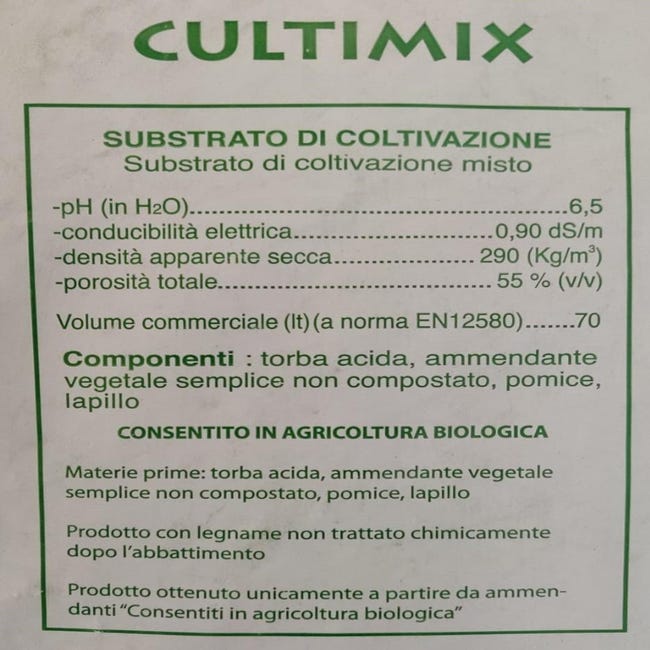TERRICCIO CULTIMIX LT70 Terriccio universale professionale BIOLOGICO con  torba, pomice e fibra di cocco