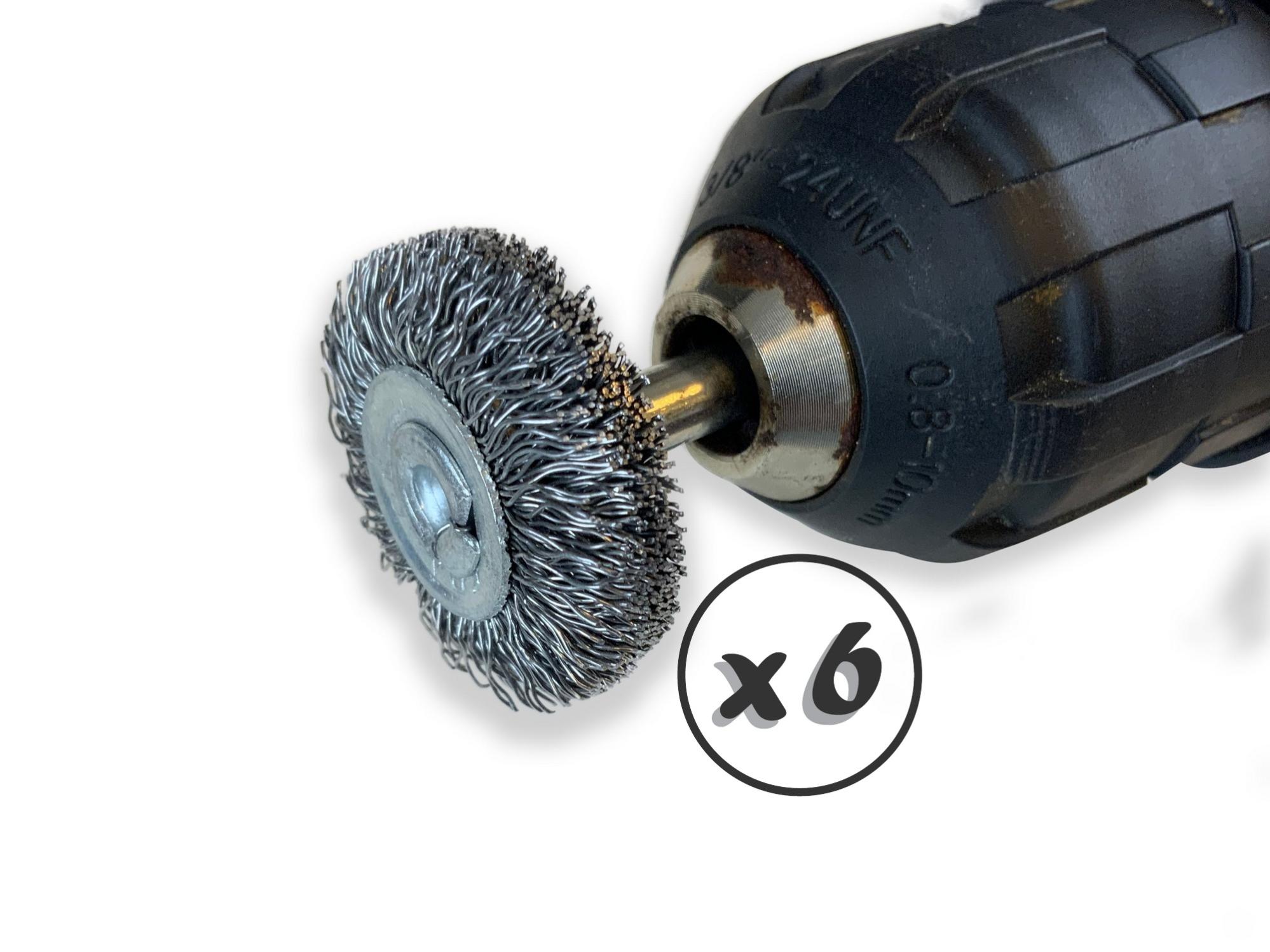 Lot de 6 brosses rotatives circulaires métalliques sur tige Ø 30 mm |Fil acier dur Ø 0,30 mm | Epaisseur 18 mm | 3 rangs | Pour perceuse ou visseuse à - 5