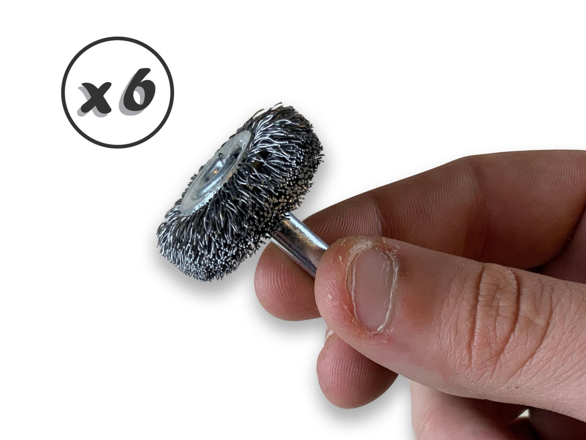 Lot de 6 brosses rotatives circulaires métalliques sur tige Ø 30 mm |Fil acier dur Ø 0,30 mm | Epaisseur 18 mm | 3 rangs | Pour perceuse ou visseuse à - 4