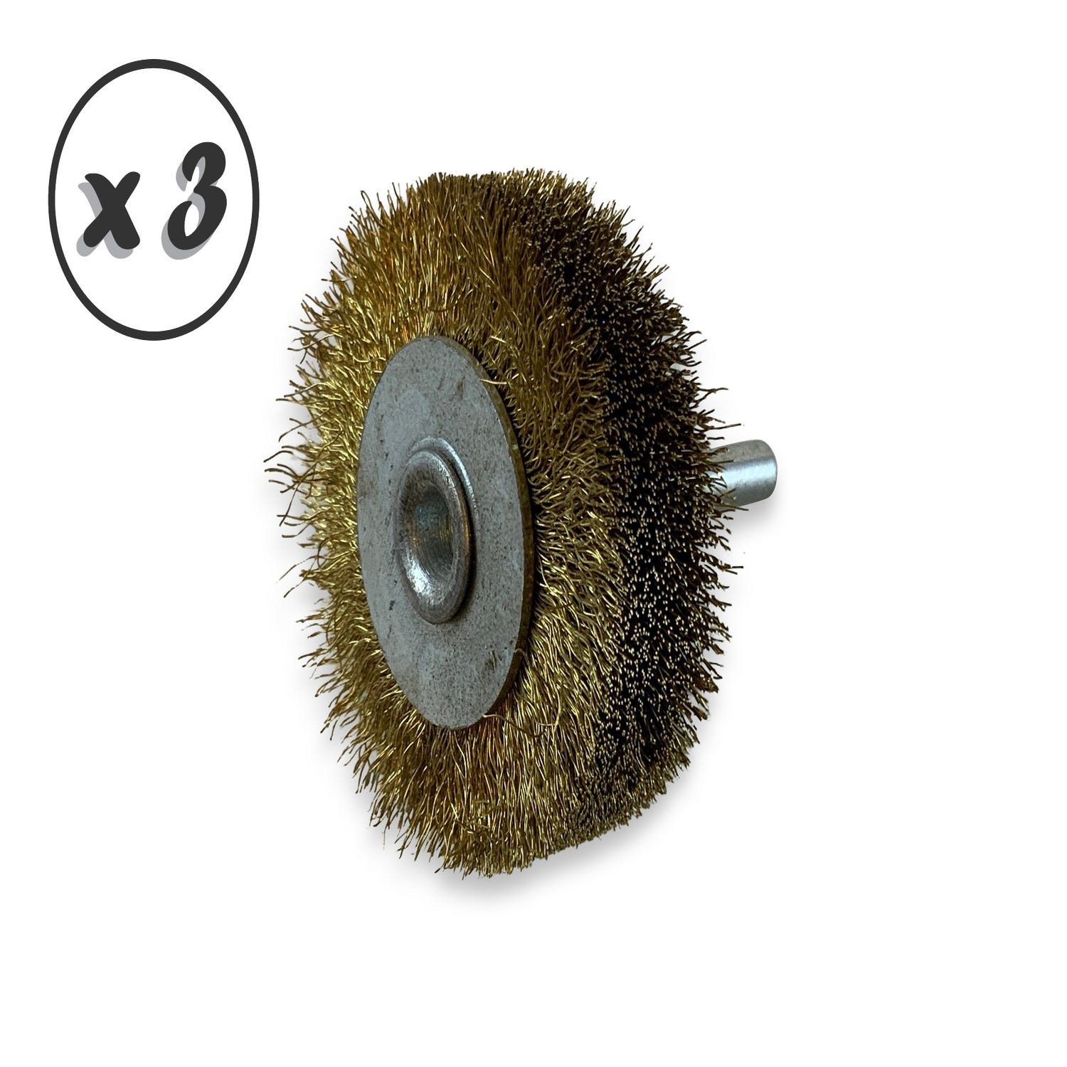 Lot de 3 brosses rotatives circulaires métalliques sur tige Ø 60 mm, Fil  laiton dur Ø 0,30 mm, Epaisseur 18 mm, 3 rangs, Pour perceuse ou  visseuse