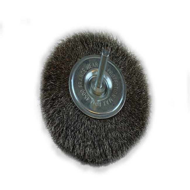 Brosse rotative circulaire métallique sur tige Ø 50 mm, Fil acier souple Ø  0,20 mm, Epaisseur 18 mm, 3 rangs, Pour perceuse ou visseuse à mandrin