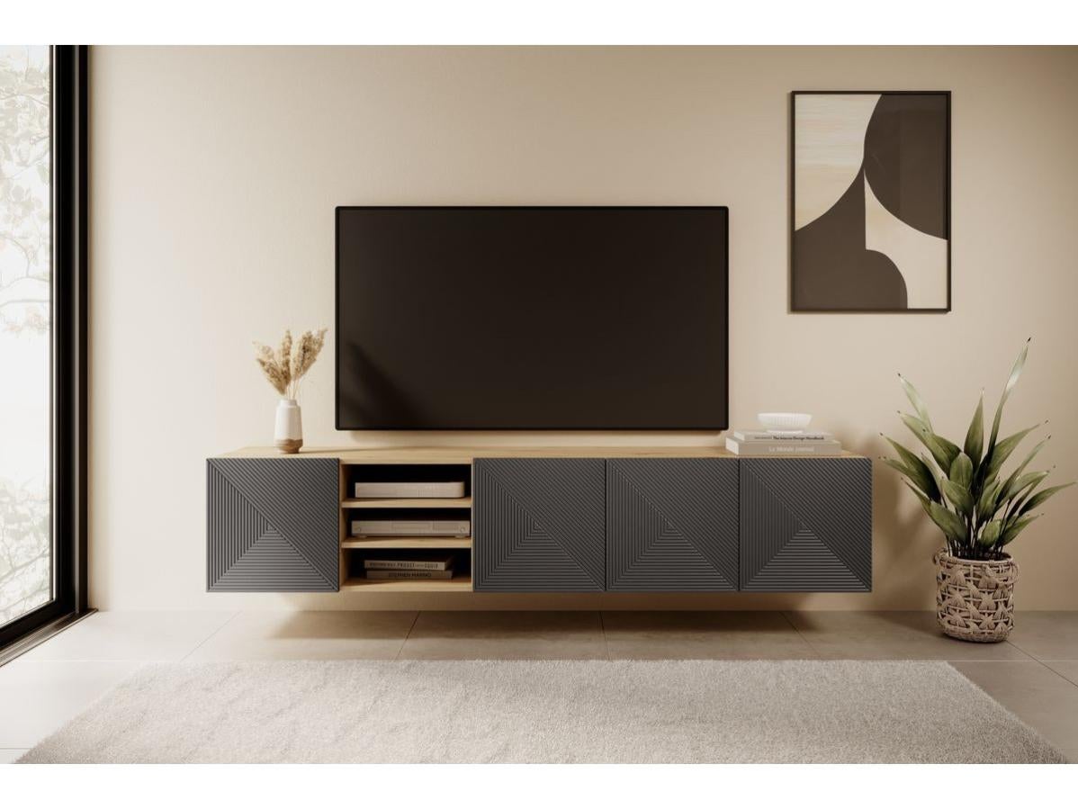 Meuble TV Suspendu 200 Cm Avec Éclairage LED Et 4 Compartiments - Design Moderne, Rangements Spacieux