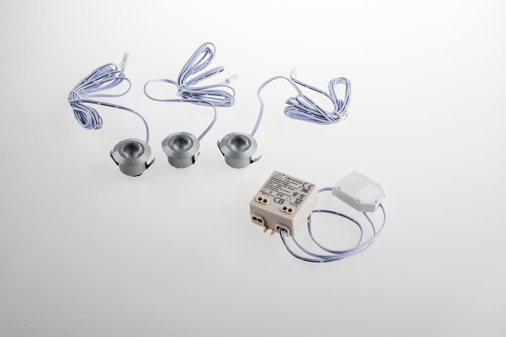 Kit 3 downlights led asso redondos en aluminio plata 1w luz natural (4000k) con accesorios incluidos