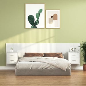 Testiera letto Yuma, Testata letto con 2 comodini, Set per camera da letto,  266x34h89 cm, Bianco e Rovere, con imballo rinforzato