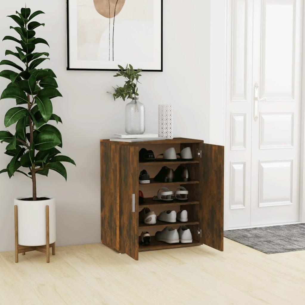 Credenza Rovere Fumo 60x35x70 Cm In Legno Multistrato - 4 Scomparti E 2 Ante, Con Piedini In Eucalipto