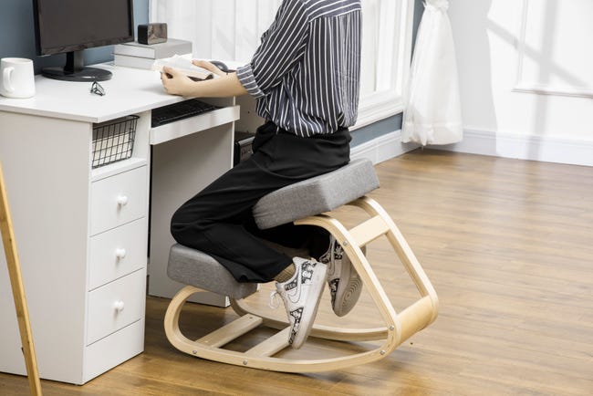 Tabouret ergonomique - siège assis à genoux - bois tissu gris