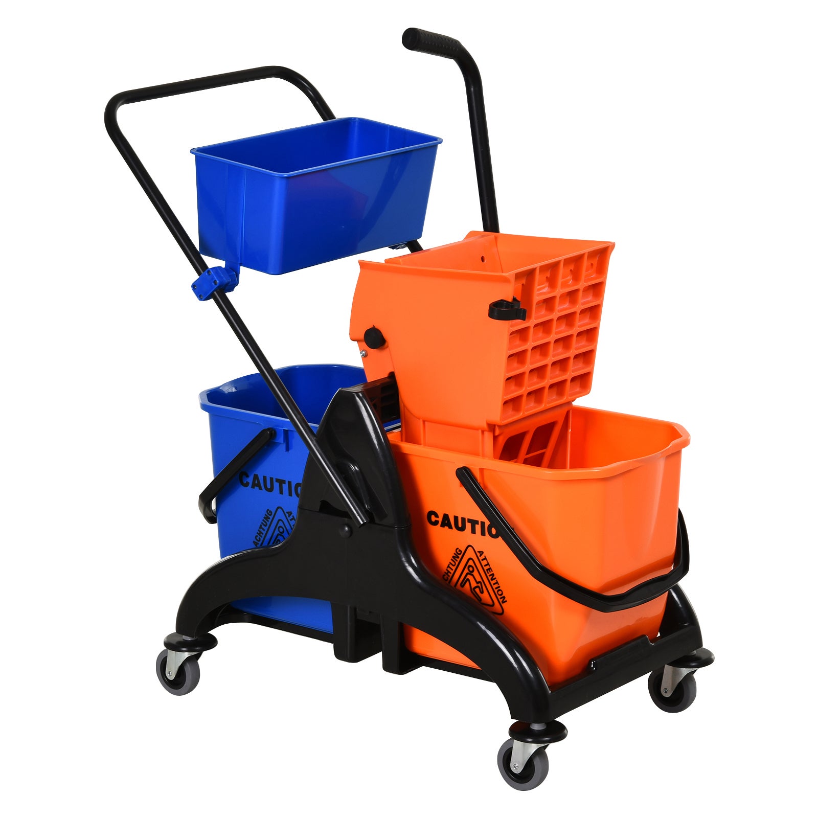 Chariot de nettoyage professionnel presse à mâchoire 2 seaux + rangement  orange bleu