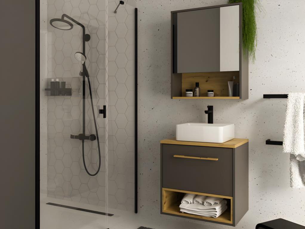 Lomadox Set Bagno Completo Con Lavabo In Ceramica E Armadio A Specchio LED, Antracite Satinato/Rovere, Larghezza 180 Cm