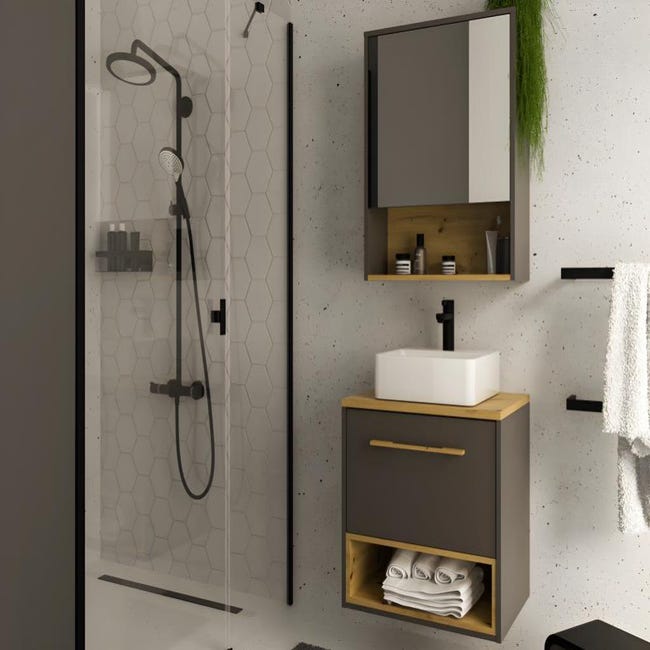Lomadox Set Bagno Completo Con Lavabo In Ceramica E Armadio A Specchio LED, Antracite Satinato/Rovere, Larghezza 180 Cm