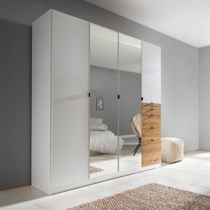 Armoire KENORA avec 4 portes, dont 2 portes miroirs, et 5 tiroirs en décor blanc mat et chene