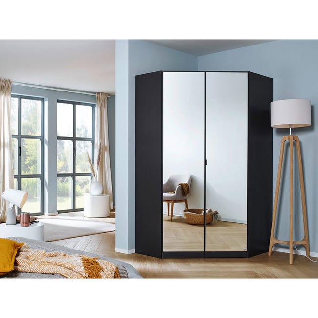 Armoire d'angle KENORA avec 2 portes miroirs en décor gris métal mat