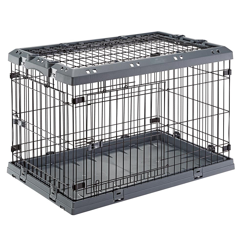 Ferplast dog crate dog cage folding cage for medium dogs, chew resistant plastic base metal cage, divider and wheels included, double lock, 3 doors, m