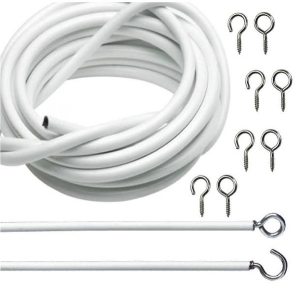 Cavo Per Tende 10m Bianco - Filo Acciaio Rivestito PVC Con Ganci E Occhielli | Per Tende, Docce E Decorazioni