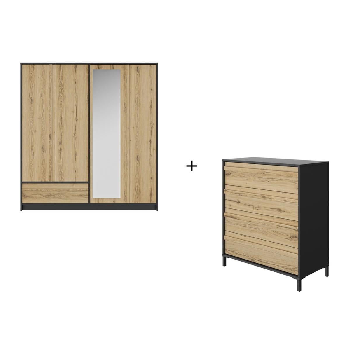 Ensemble Armoire 4 portes et Commode 4 tiroirs MIMIZAN Made in France