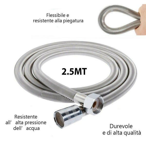 Trade Shop - Tubo Flessibile Soffione Doccino Per Doccia Vasca Bagno 2.5mt  In Acciaio Cromato