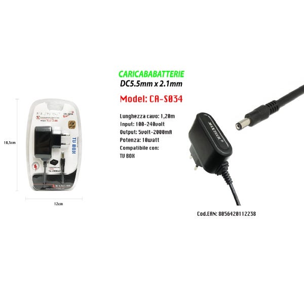 Trade Shop - Caricabatterie Alimentatore 5v 2000ma Compatibile Con Tv Box  10w Maxtech Ca-s034