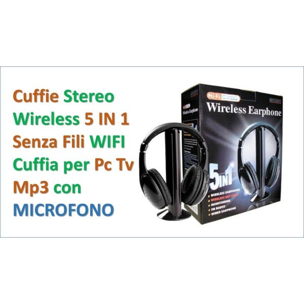 CUFFIE WIRELESS WIFI SENZA FILI 5in1 BASETTA MICROFONO PER RADIO PC TV  ANZIANI